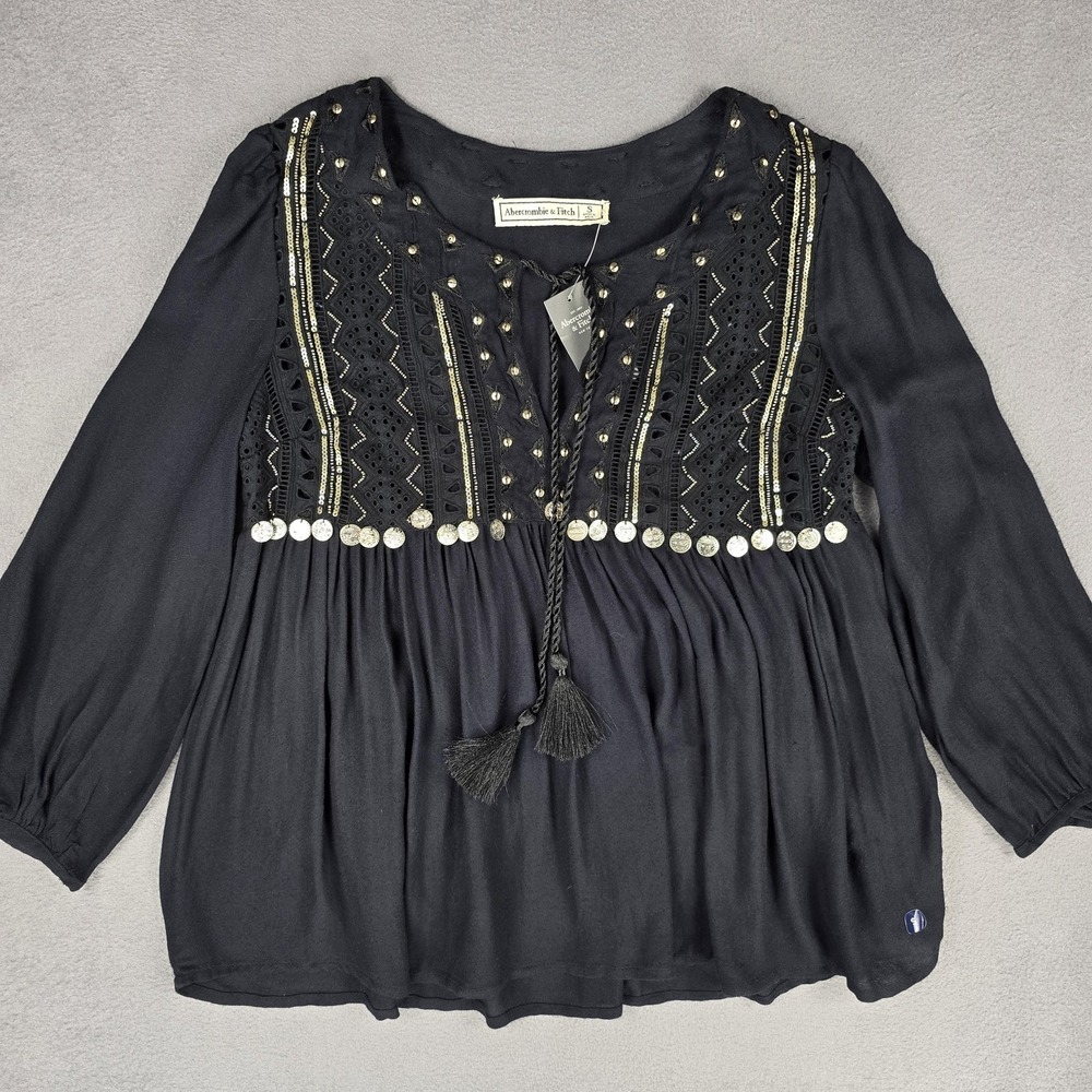 Abercrombie & Fitch Blouse Womens Small Black Boho Embroidered Peasant Top NWT - Picture 2 of 13